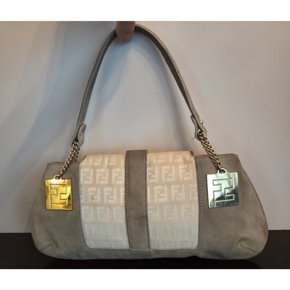 Authentic Vintage Fendi Zucchino Suede Baguette Shoulder Bag Beige Gold Hardware - Picture 3 of 11
